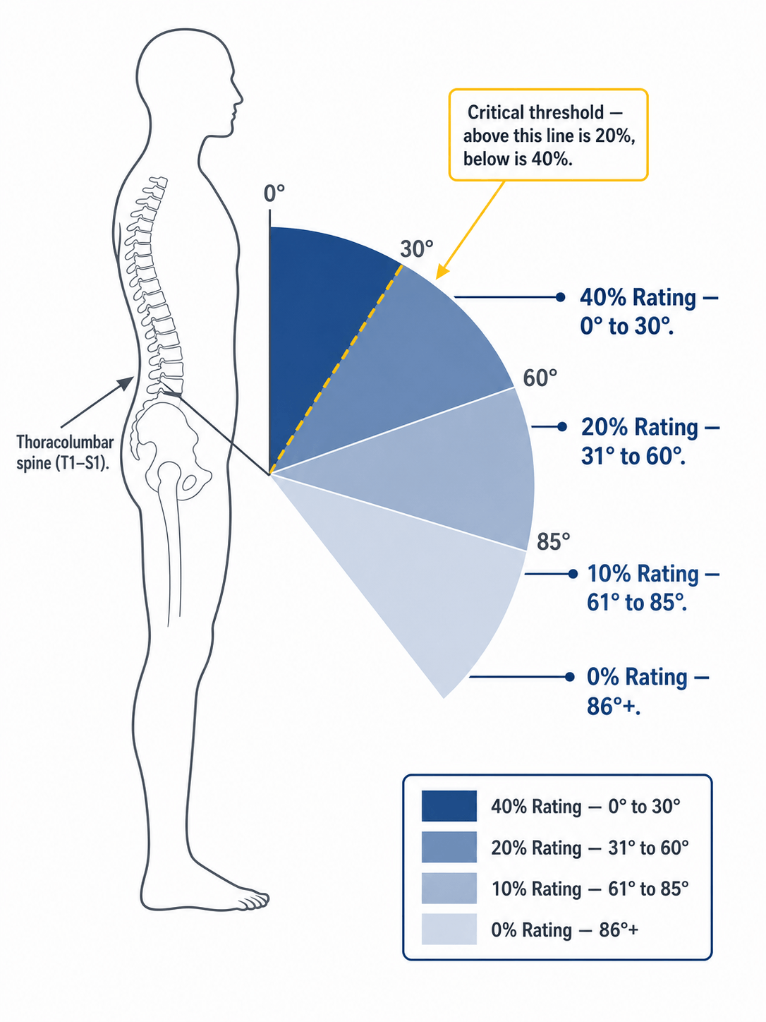 Annotated spine range-of-motion diagram showing a side-view silhouette with the thoracolumbar spine (T1–S1) labeled. Four arc overlays from the hip show forward flexion ranges mapped to VA rating tiers: 0° to 30° equals 40% rating (darkest navy), 31° to 60° equals 20% rating, 61° to 85° equals 10% rating, 86°+ equals 0% rating (lightest). A gold dashed line at the 30° mark highlights the critical threshold between 20% and 40%. Legend maps colors to rating tiers.